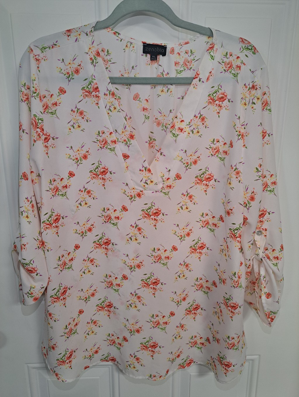 Zanzea White Floral V-Neck Blouse With Coral Accents
